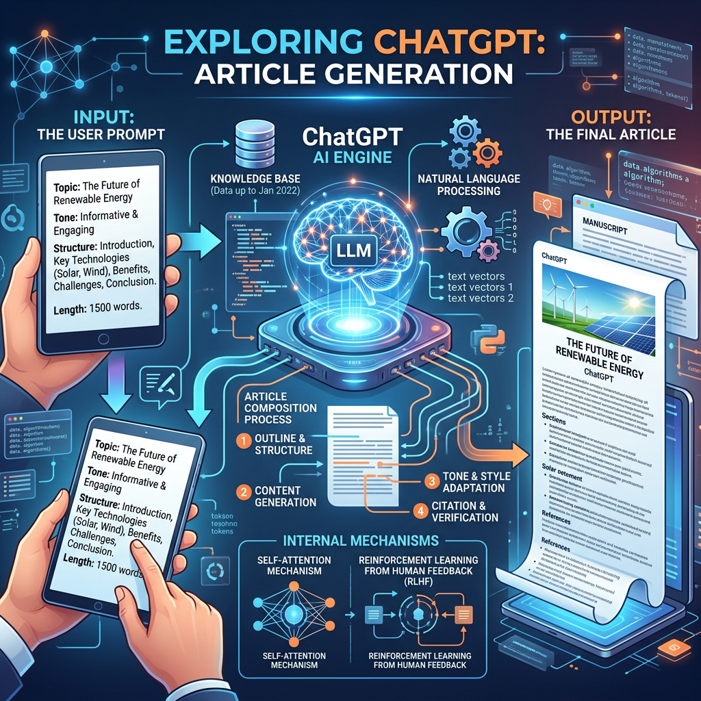 شرح ChatGPT بالعربية 2026 Infographic showing ChatGPT AI workflow for generating articles from user prompts to final manuscript.